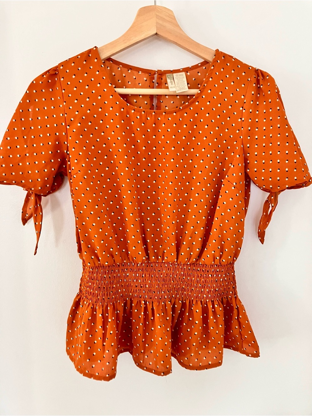 Japna Orange Polka Dot Smocked Peplum Top